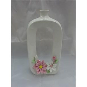 Florero de porcelana blanca diseño botella con flores de 16.1x6x30.2cm