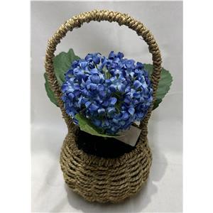 Canasta con asa tejida con flor artificial azul de 15x15x29cm