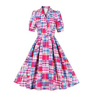 Vestido rosa con botones y media manga a cuadros de los años 50 talla L