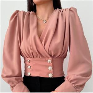 Blusa de manga larga con escote en V fucsia talla XL