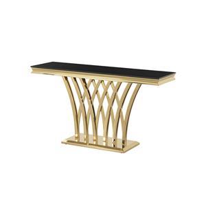 Mesa de acero inoxidable con cubierta de cristal templado negro con base dorada de 140x40x75cm
