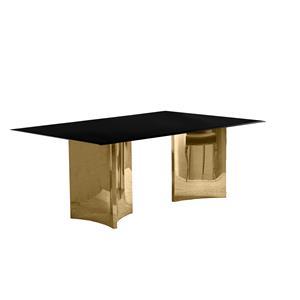 Mesa de acero inoxidable con cubierta de cristal templado negro con base doble dorada de 200x100x75
