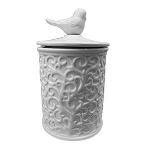 Bote de cerámica blanco con tapa de ave de 10.5×10.5x19cm