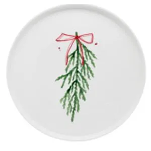 Plato de cerámica estampado hoja de pino navideño con moño de 27cm