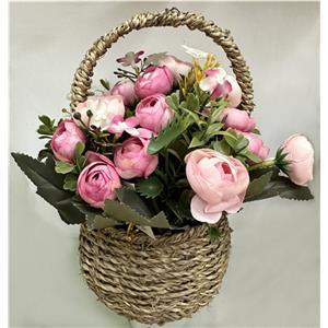 Canasta tejida con asa y flor artificial rosa de 13x13x24cm
