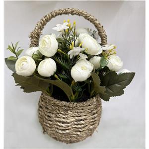 Canasta tejida con asa y flor artificial blanca de 13x13x24cm