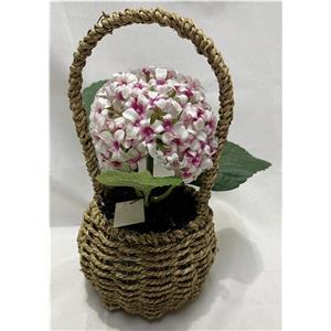 Canasta con asa tejida con flor artificial rosa de 15x15x29cm