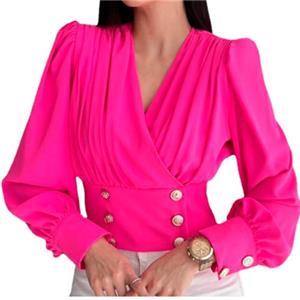 Blusa de manga larga con escote en V rosa talla M