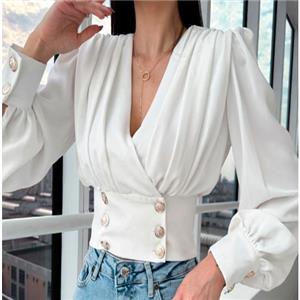 Blusa de manga larga con escote en V blanca talla M