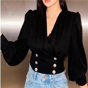 Blusa de manga larga con escote en V negra talla L