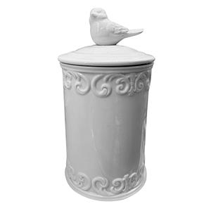 Bote de cerámica blanco con tapa de ave de 10.5×10.5x20cm