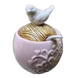 Azucarera de cerámica rosa con ave de 9x9x12cm