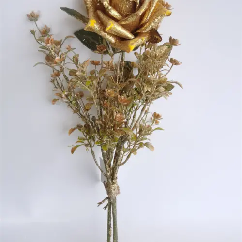 Ramo de follaje con rosa artificial amarilla de 50cm