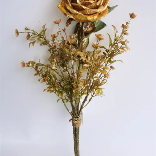 Ramo de follaje con rosa artificial amarillo brilloso de 50cm