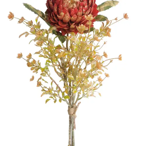 Ramo de follaje con flor dahlia artificial roja de 51cm