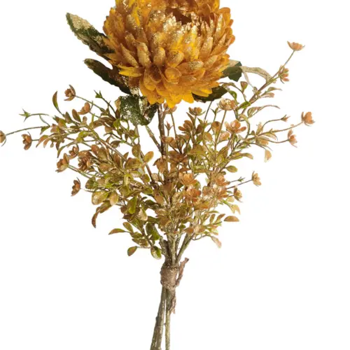 Ramo de follaje con flor dahlia artificial amarilla de 51cm