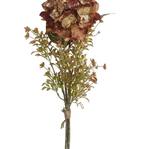Ramo de follaje con flor de hortencia artificial café oscuro de 50cm