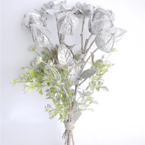 Ramo de flores de rosa con botones artificial plateada de 38cm