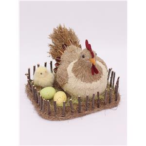 Nido con gallina de fibras naturales café y huevos de 30x30x21cm