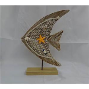 Pez de madera con red y estrella de mar de 21x5x31cm