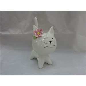 Gatito de porcelana blanca con flor rosa de 13.9×12.2×22.3cm