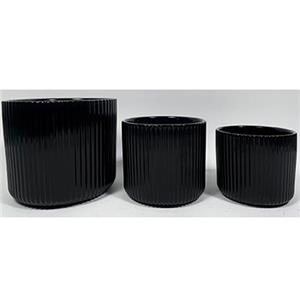 Juego de 3 macetas de cerámica de negro mate diseño lineas de 19.5×19.5×17/15x15x13/11.5×11.5x10cm