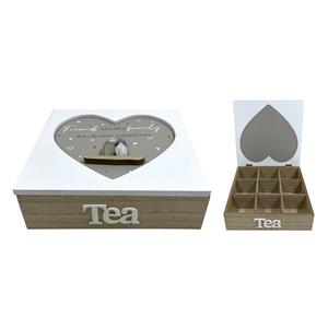 Caja de madera para té con 9 divisiones diseño corazon de 24x24x7cm