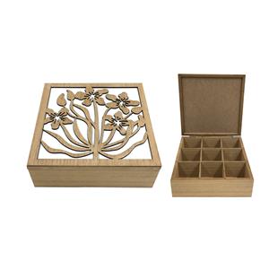 Caja de madera para té con 9 divisiones y cubierta de flores de 24x24x8cm