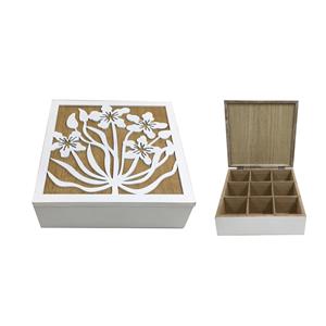 Caja de madera para té con 9 divisiones y cubierta de flores blanca de 24x24x8cm
