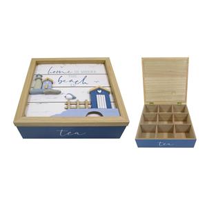 Caja de madera para té con 9 divisiones y cubierta diseño marino de 24x24x7.5cm