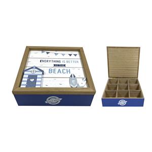 Caja de madera para té con 9 divisiones y cubierta diseño marino de 24x24x7.5cm