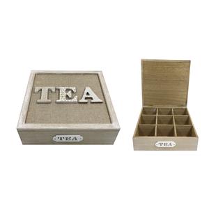 Caja de madera para té con 9 divisiones y cubierta con texto de 24x24x7cm