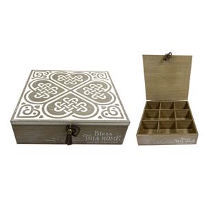 Caja de madera para té con 9 divisiones y cubierta diseño corazones de 24x24x7cm