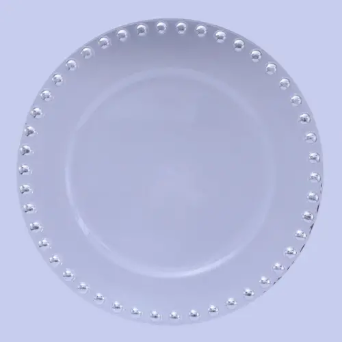 Plato de presentación de acrilico transparente con bolitas platedas en la orilla de 33cm