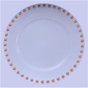 Plato de presentación de acrilico transparente con bolitas doradas en la orilla de 33cm