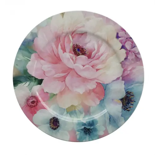Plato de presentación con flores rosas con azul de 33cm