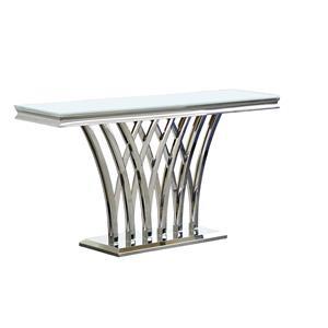 Mesa de acero inoxidable con cubierta de cristal templado blanco con base cromada de 140x40x75
