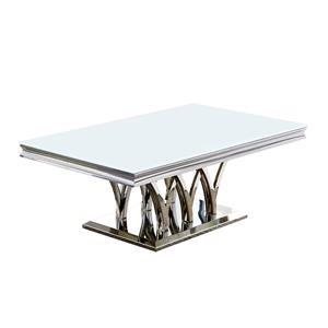 Mesa de acero inoxidable con cubierta de cristal templado blanco con base cromada de 130x70x45