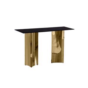 Mesa de acero inoxidable con cubierta de cristal templado negro con base doble dorada de 140x40x75cm
