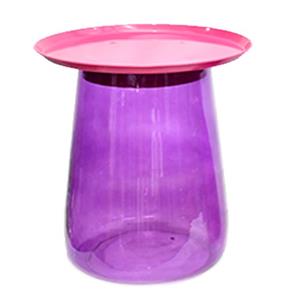 Mesa de vidrio morada con cubierta de metal rosa de 43x43x49.5cm
