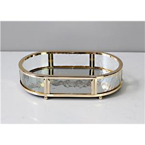 Charola ovalada de metal dorado con espejo de 32.5x20x7.5cm