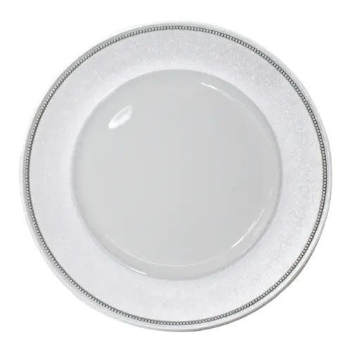 Plato de presentación blanco con orilla de gliters plateada de 33x33x2cm