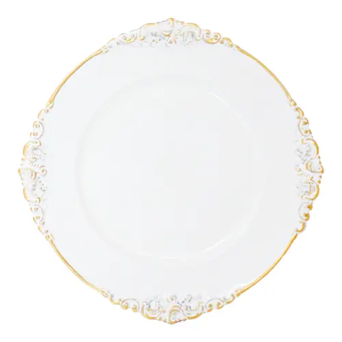 Plato de presentación de plástico blanco con grecas doradas en la orilla de 35x35x2cmcm