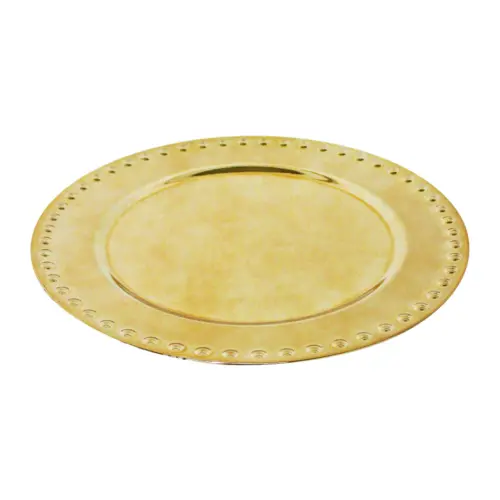 Plato de presentaciòn dorado brilloso con bolitas en las orillas de 35 x35 x2cm