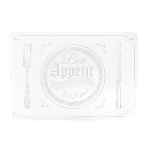 Mantel individual de plástico blanco con diseño plato y cubiertos de 43.5×28.5cm