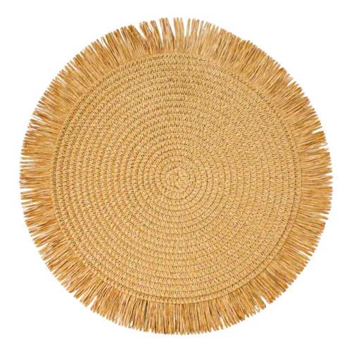 Mantel individual redondo tejido café con barbillas de 35cm