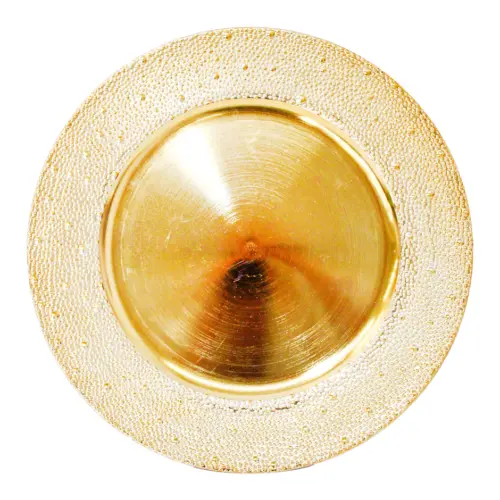 Plato de presentación dorado liso con puntos en la orilla de 33cm