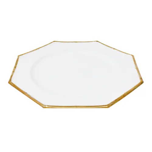 Plato de presentación diseño hexagonal blanco con la orilla dorada de 33cm
