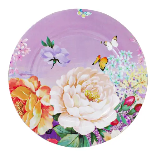 Plato de presentación rosa con flores blancas de 33cm