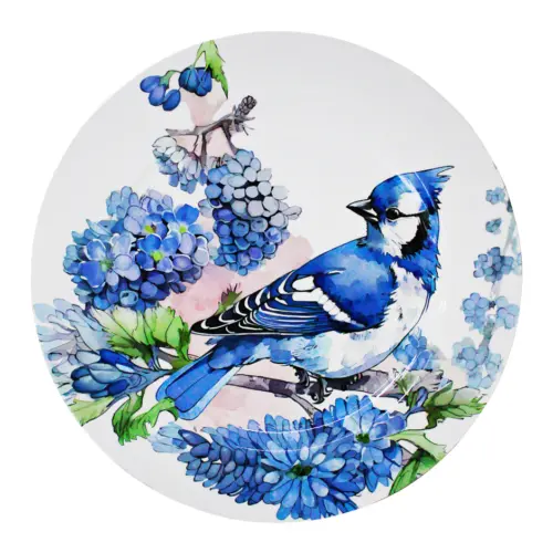 Plato de presentación con flores azules y ave de 33cm
